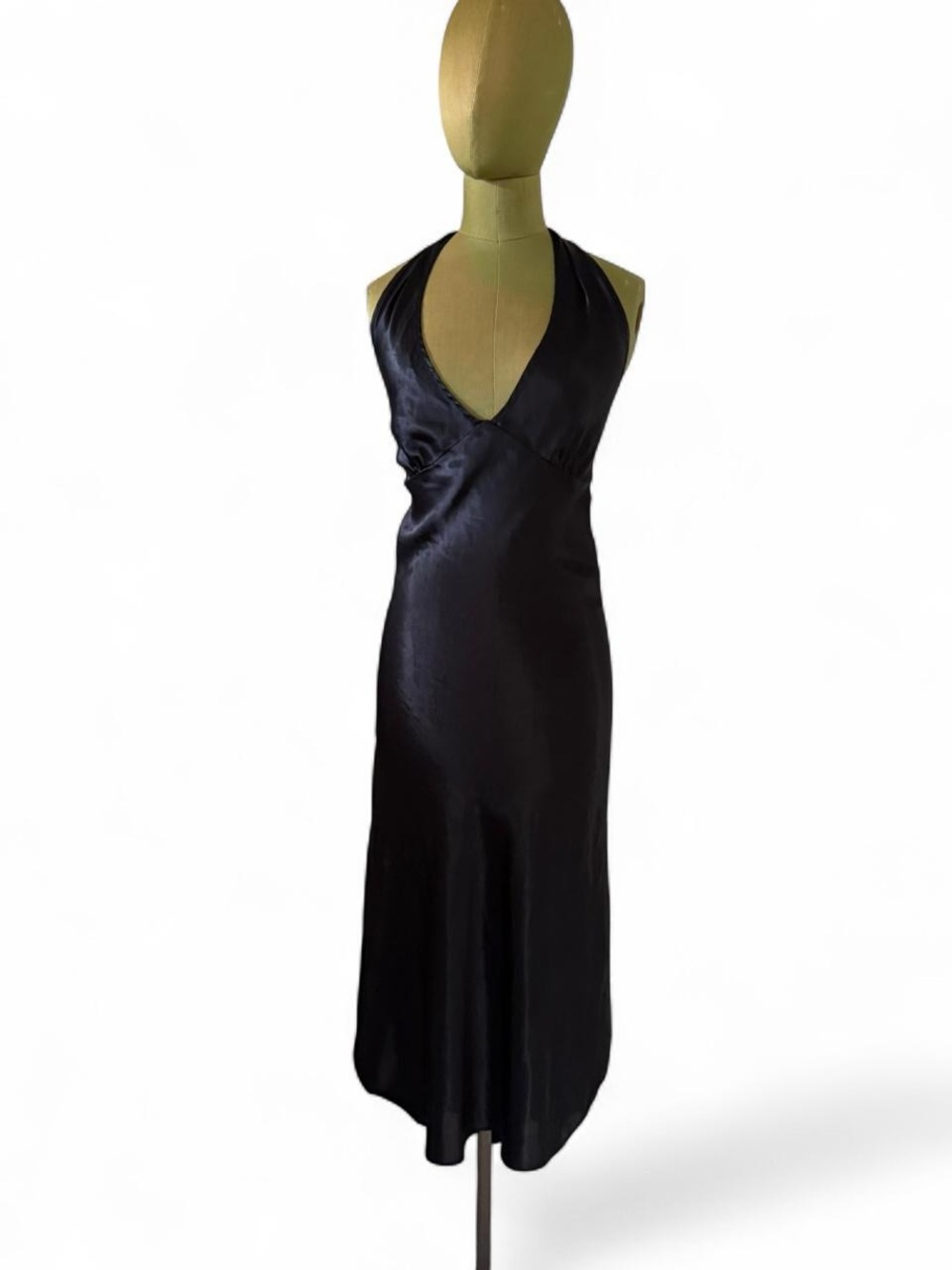 Vintage California Dynasty Black Satin Halter Dress Plunge Cutout Size L - Picture 1 of 6